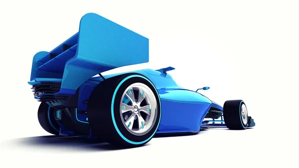 Blauwe 3d Formule auto geïsoleerd op witte perspectief achteraanzicht — Stockfoto