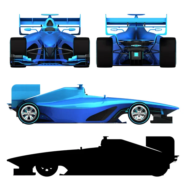 白色的正交视图上孤立的蓝色 3d 方程式赛车 — 图库照片