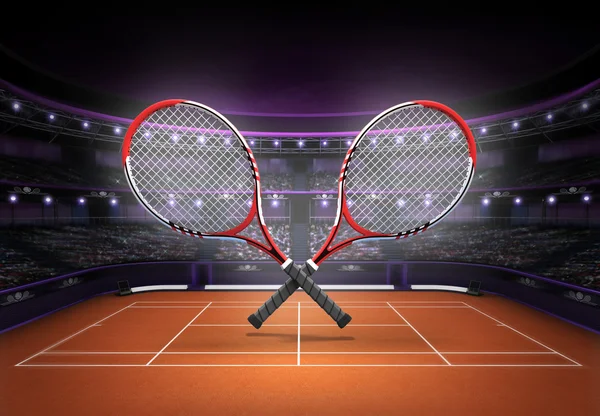 Red and white tennis rackets placed over a clay court — Stock Photo, Image