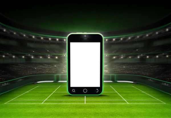 Мобильный телефон с пустым экраном помещен на травяной корт — стоковое фото