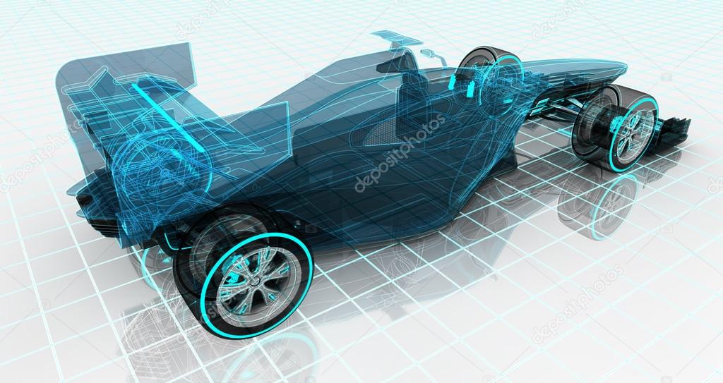 formula car technology wireframe sketch upper back view
