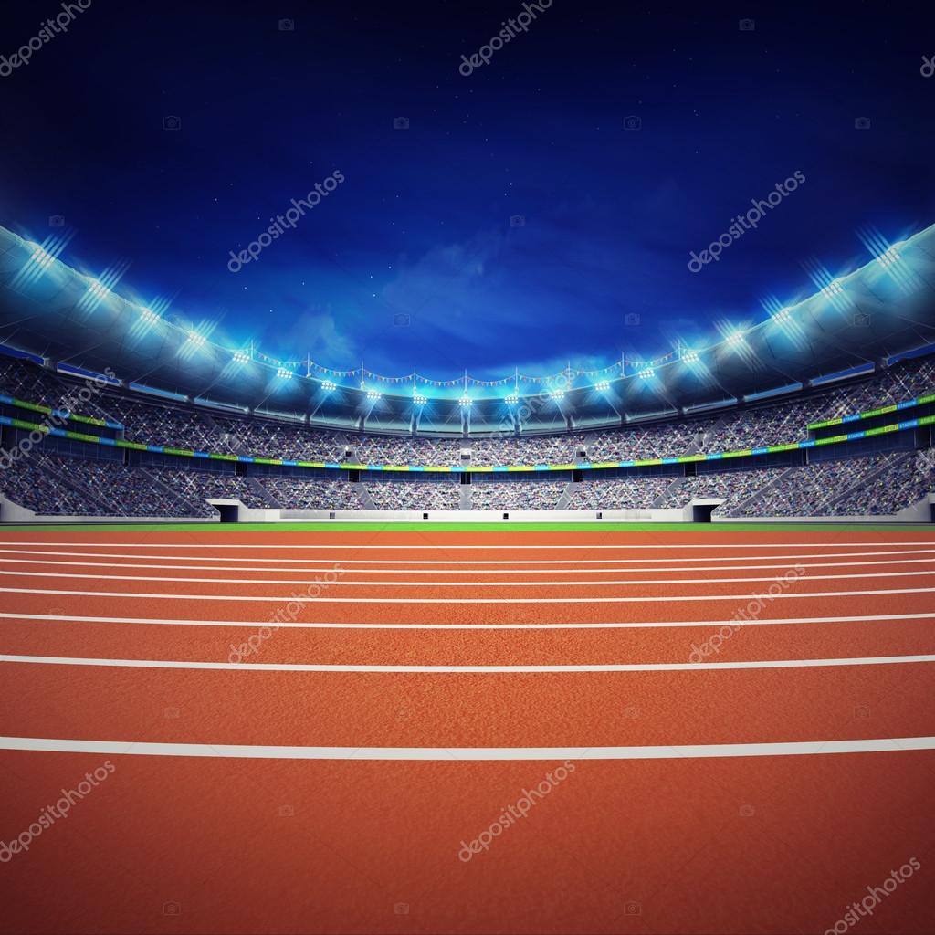 Athletics stadium with track at general front night view — Stock Photo
