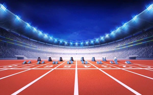 Стадион легкой атлетики с гоночной трассой с начальными блоками вид спереди — стоковое фото