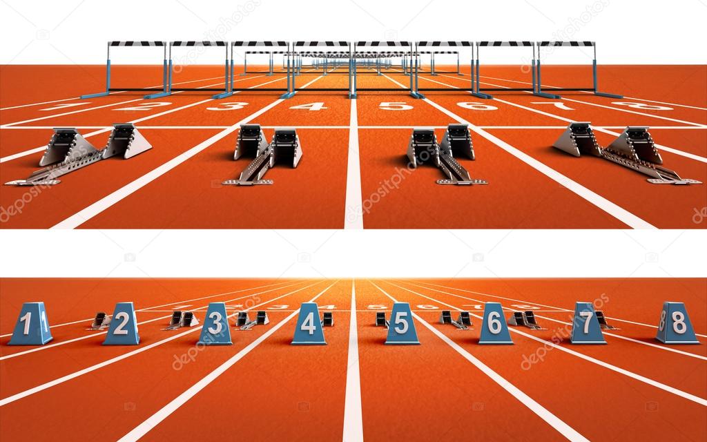 two isolated running tracks with blocks and hurdles