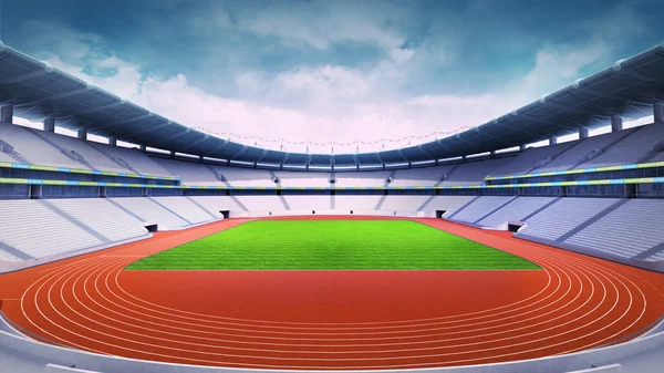 Estádio de atletismo vazio com pista e campo de grama na vista frontal do dia — Fotografia de Stock