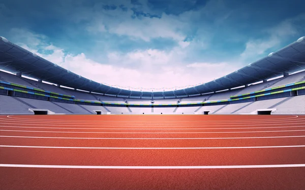 Prázdné atletický stadion s dráhou v zobrazení dne panorama — Stock fotografie