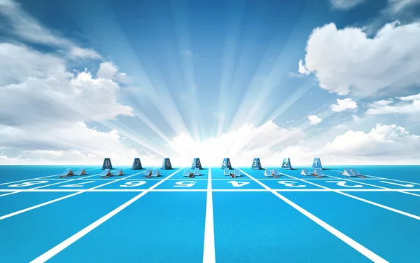 Race track with starting blocks front view outside — Stock Photo, Image