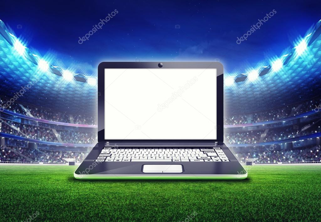 football stadium with editable empty laptop screen frame