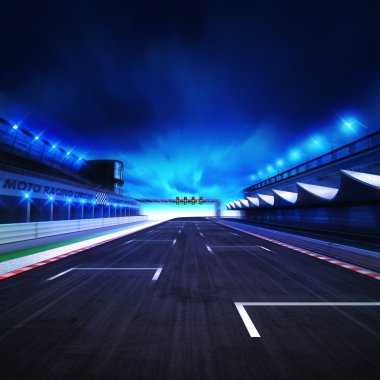 finish drive on the racetrack in motion blur with stadium and spotlights clipart