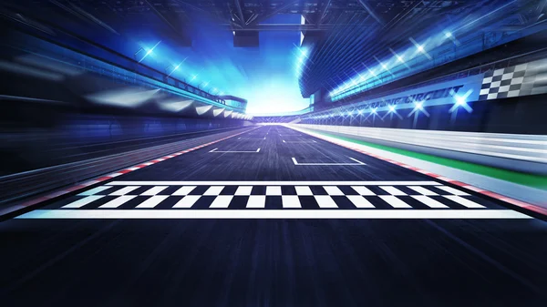 Finish line on the racetrack with spotlights in motion blur — Stock Photo, Image