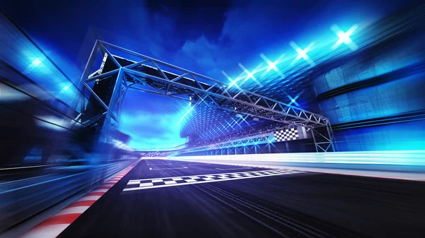 Puerta de llegada en el estadio de pista de carreras y proyectores en desenfoque movimiento — Foto de Stock
