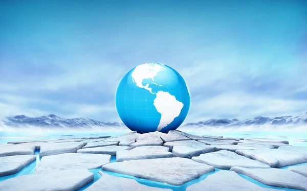 America earth globe in the middle of ice floe cracked hole — Stock Photo, Image