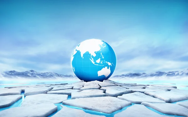 Asia earth globe in the middle of ice floe cracked hole — Stock Photo, Image