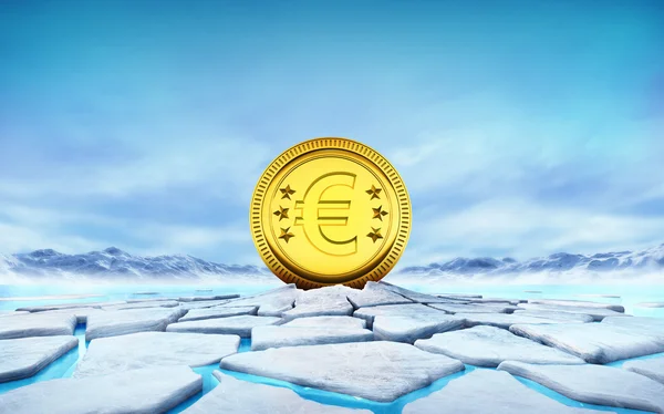 Golden Euro coin in the middle of ice floe cracked hole — Stock Photo, Image