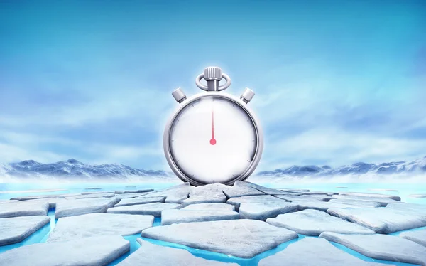 Stopwatch in the middle of ice floe cracked hole — Stock Photo, Image