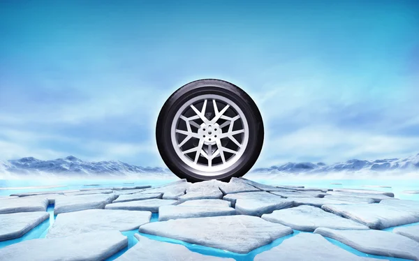 Winter tire in the middle of ice floe cracked hole — Stock Photo, Image