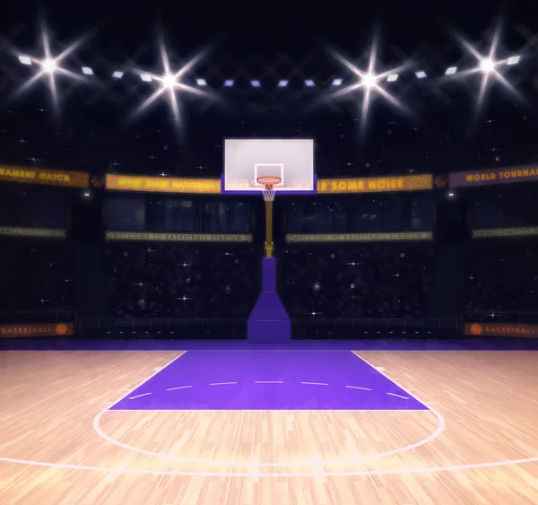 Lege basketbalveld met toeschouwers en schijnwerpers — Stockfoto