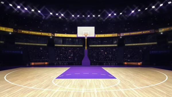 Cesta de basquete iluminado com espectadores e holofotes — Fotografia de Stock