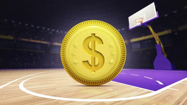 Golden Dollar coin on basketball court at arena — Stock Photo, Image