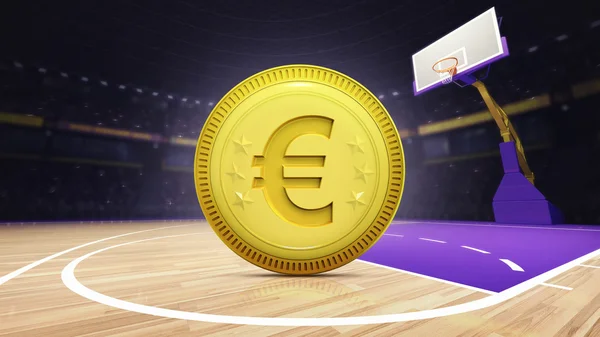 Moneta d'Euro dorata sul campo da basket all'arena — Foto Stock