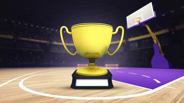 Golden champions trophy on basketball court at arena — Stock Photo, Image