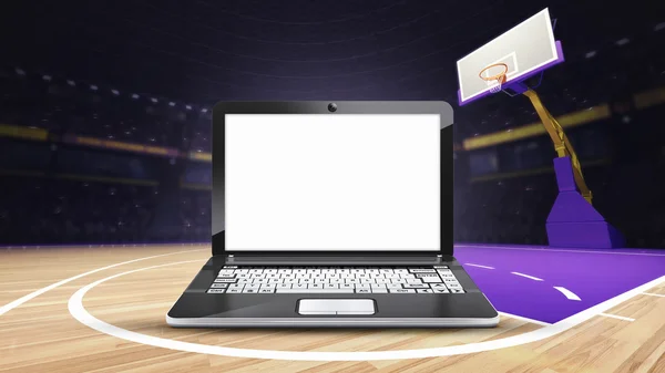 Přenosný počítač s prázdnou obrazovkou na basketbalové hřiště na arena — Stock fotografie