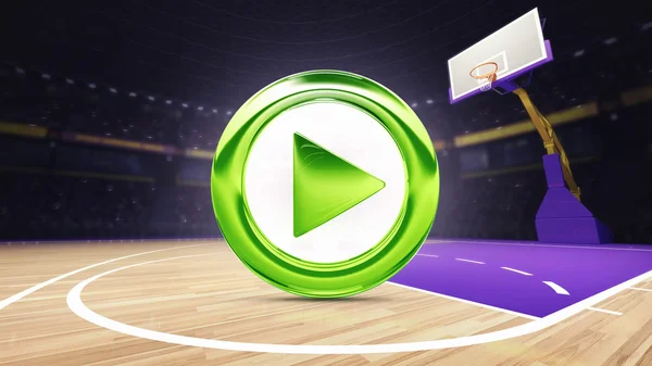 Green play icon on basketball court at arena — Stock Photo, Image
