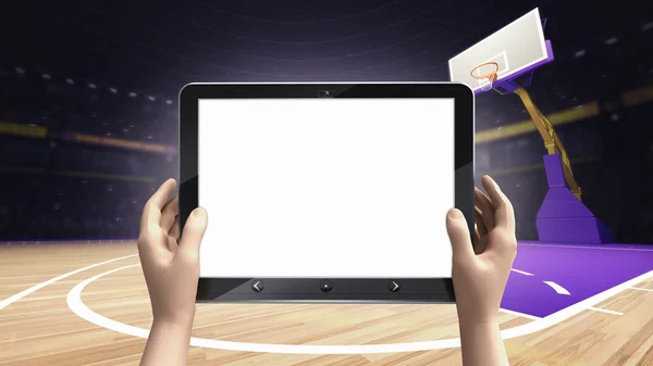 Hand met leeg scherm van de tablet met mand bal arena achtergrond — Stockfoto