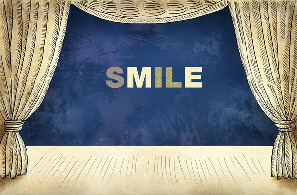Theatervorhang mit Inschrift Lächeln — Stockfoto