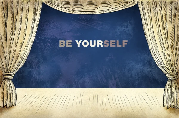 Театральный занавес с надписью "Будь собой" — стоковое фото