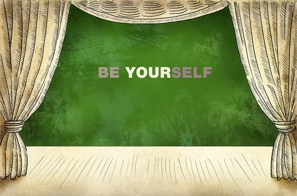 Театральный занавес с надписью "Будь собой" — стоковое фото
