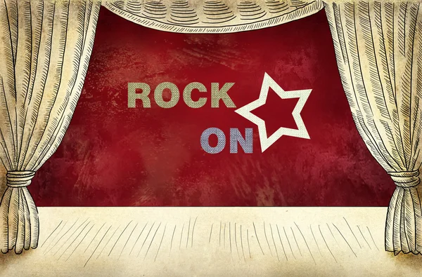 Theatrical curtain with inscription Rock on — Stock Photo, Image