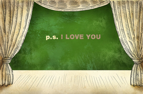 Theatrical curtain with inscription I love you