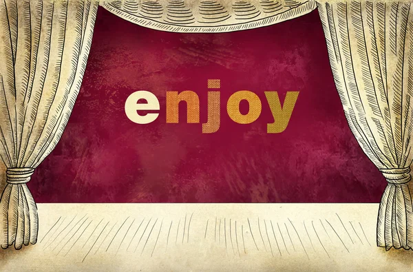 Teatrical curtain with inscription Enjoy — Stock Photo, Image