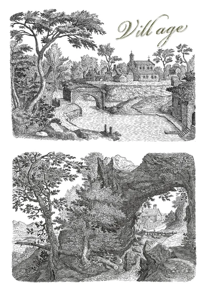 Ilustração da aldeia velha — Fotografia de Stock