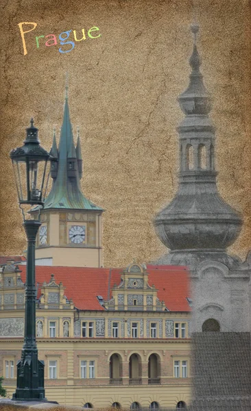 老明信片与布拉格视图 — 图库照片