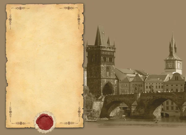 Eski kağıt arka plan ve Prag görünümü — Stok fotoğraf