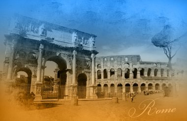 İki renkli kartpostal Roma manzaralı
