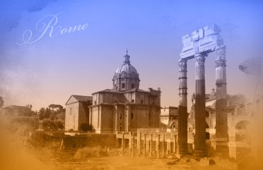 İki renkli kartpostal Roma manzaralı