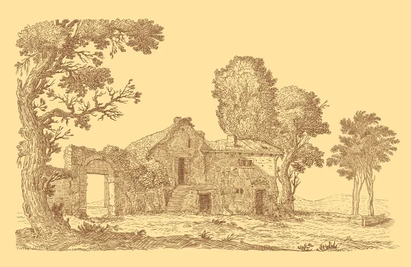 Stara wieś ilustracja na żółtym tle — Zdjęcie stockowe