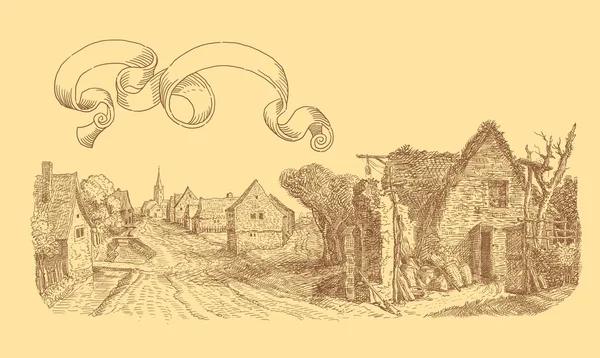 Old village art illustration on yellow background