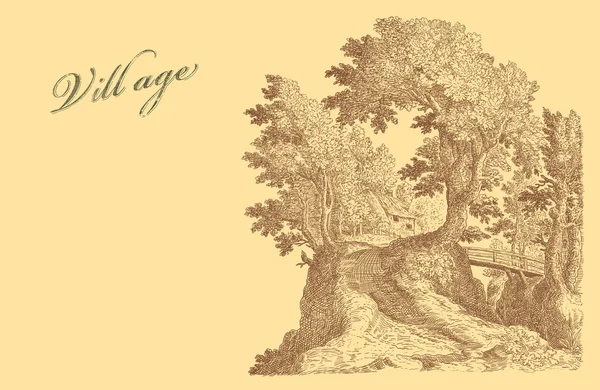 Old village art illustration on yellow background — Stock Photo, Image