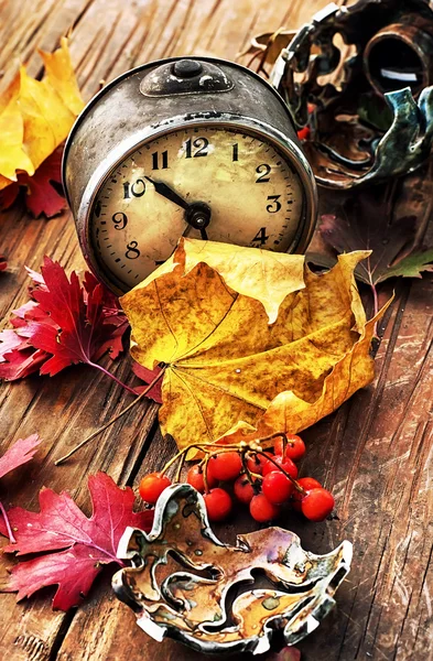 Alarm clock and fallen leaves — Stock Photo, Image