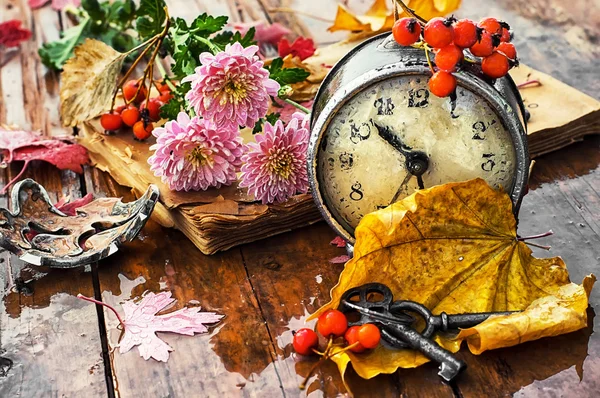 Reloj despertador y hojas caídas — Foto de Stock