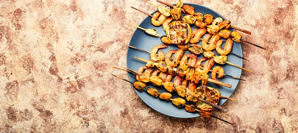 Langostinos Parrilla Mejillones Caracoles Rellenos Deliciosos Mariscos —  Fotos de Stock