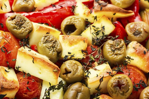 Appetizing Tart Cheese Peppers Olives — Stock Photo, Image