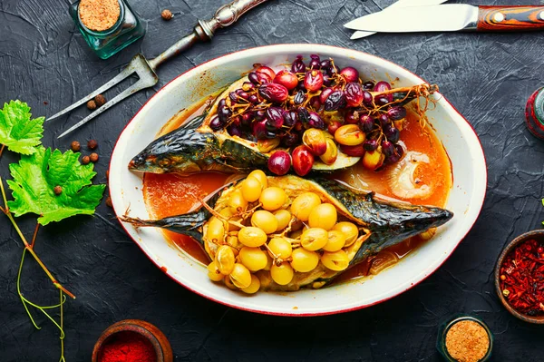 Baked Mackerel Scomber Grape Berry Sauce Fish Food — Stock Photo, Image