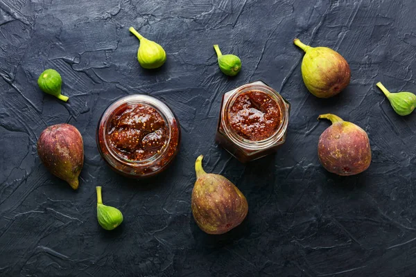 Skleněná Sklenice Fíkovým Jamem Fík Marmeláda Plocha Ležela — Stock fotografie