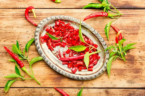 Sliced Red Hot Chili Peppers Wooden Background — Stock Photo, Image