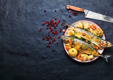 Delicious mackerel or scomber in apples and cranberry.Copy space